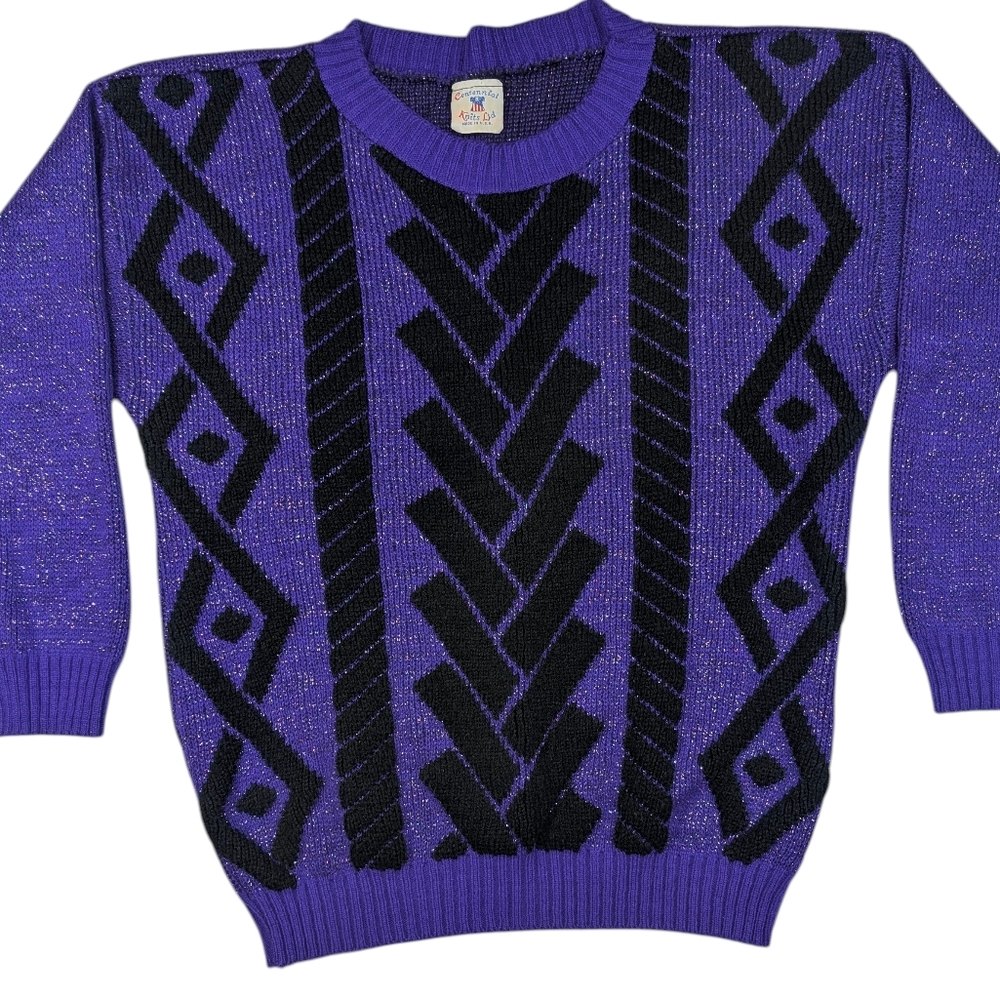 Vintage purple/metallic sweater W black geometric. Centennial Knits Ltd. Lg - Picture 8 of 14